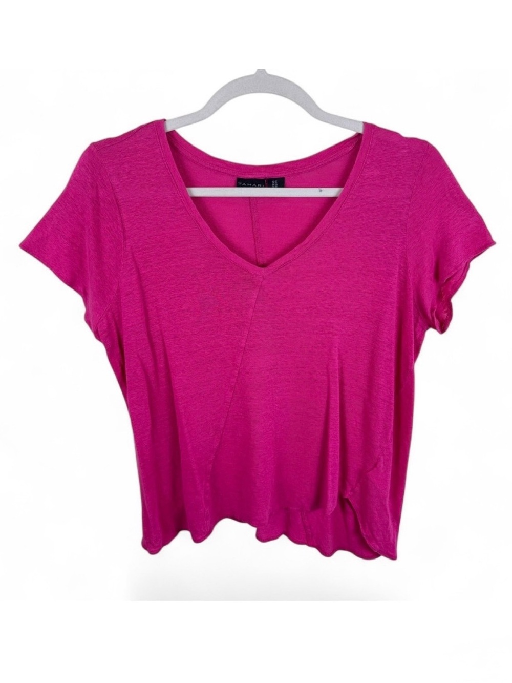 Tahari Womens‎ 1X Fuchsia Pink 100% Linen V-Neck Short Sleeve T-Shirt Top